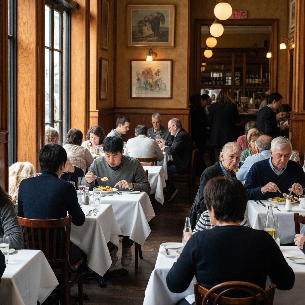Városias étterem környezete, ahol az ebéd gyors és felületes marad