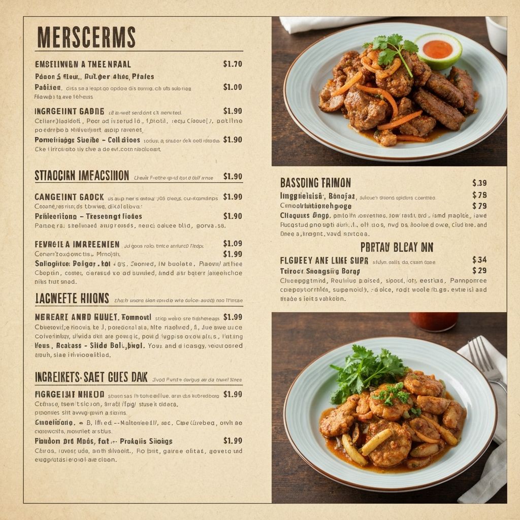 Étlap rövid ételleírásokkal világos szöveg formátumban