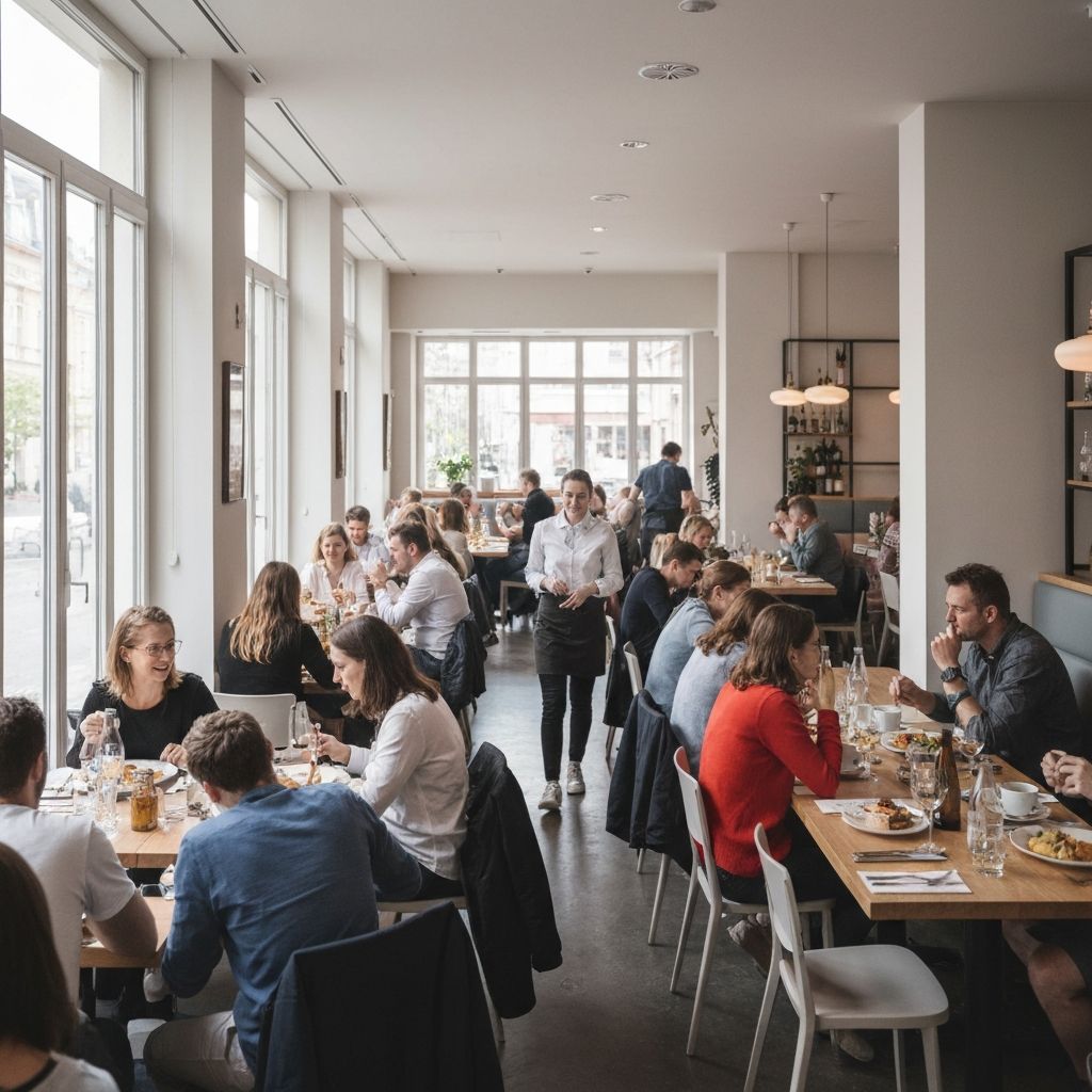 Emberek ebédelnek egy foglalt városias étteremben